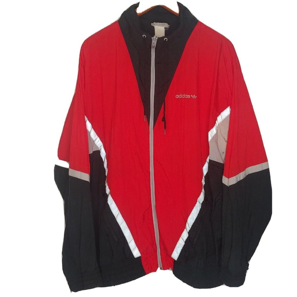 Vintage 1990's Adidas Men's XL Windbreaker Jacket Reflective Red & Black Track